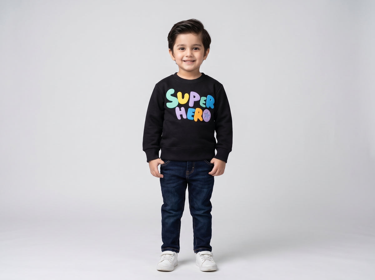 Boys Black Fleece-Lined Crewneck Sweatshirt with Colorful Super Hero Text
