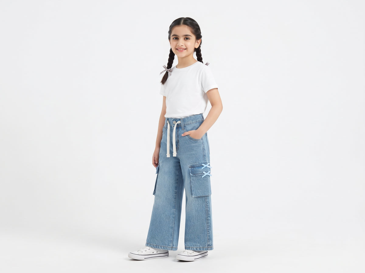 Trendy Girls' Wide-Leg Blue Denim Pants with Ribbon Bows