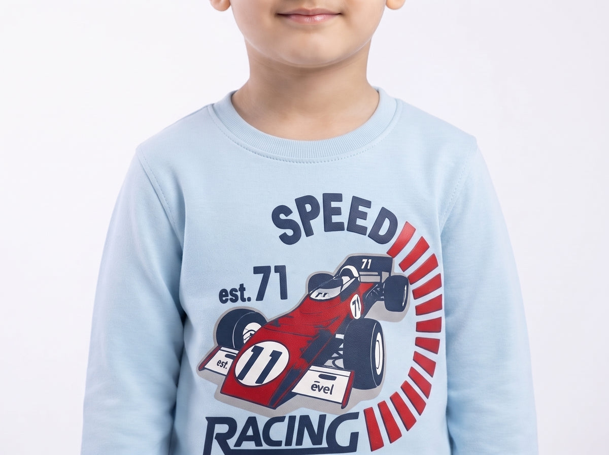 Boy Light Blue Race Car Crewneck – Long Sleeve Winter Graphic Sweatshirt