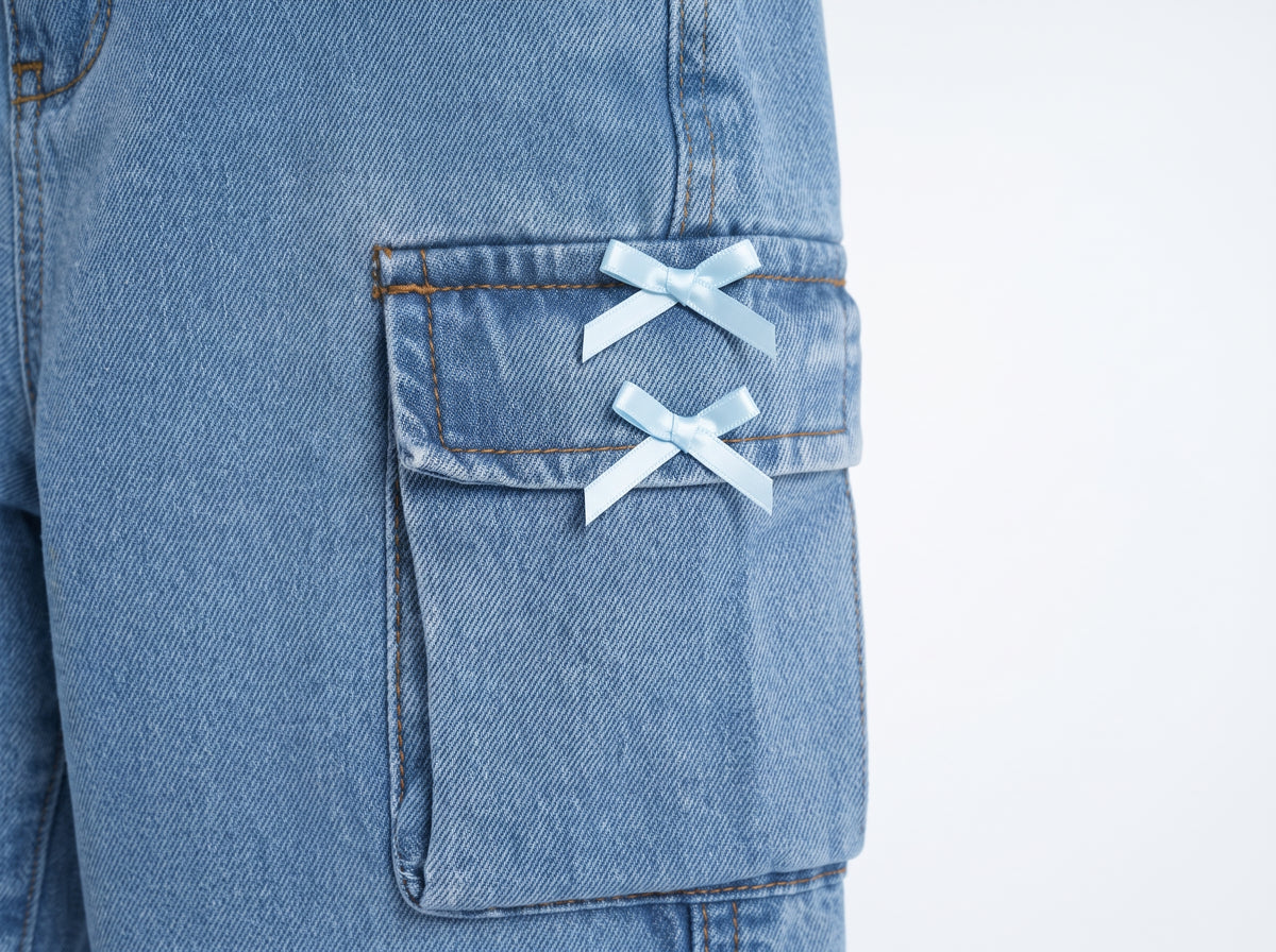 Trendy Girls' Wide-Leg Blue Denim Pants with Ribbon Bows