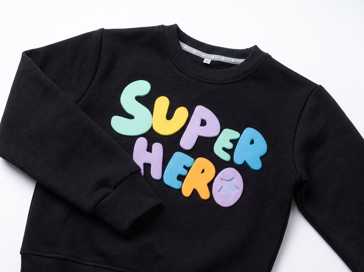Boys Black Fleece-Lined Crewneck Sweatshirt with Colorful Super Hero Text