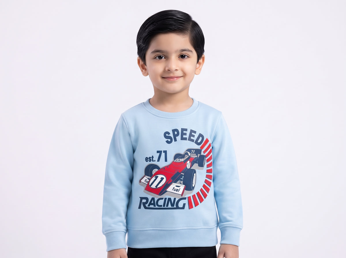 Boy Light Blue Race Car Crewneck – Long Sleeve Winter Graphic Sweatshirt