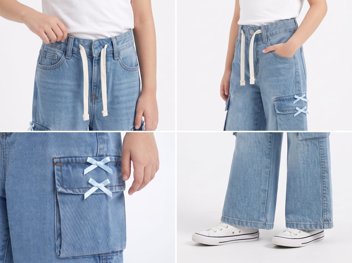 Trendy Girls' Wide-Leg Blue Denim Pants with Ribbon Bows