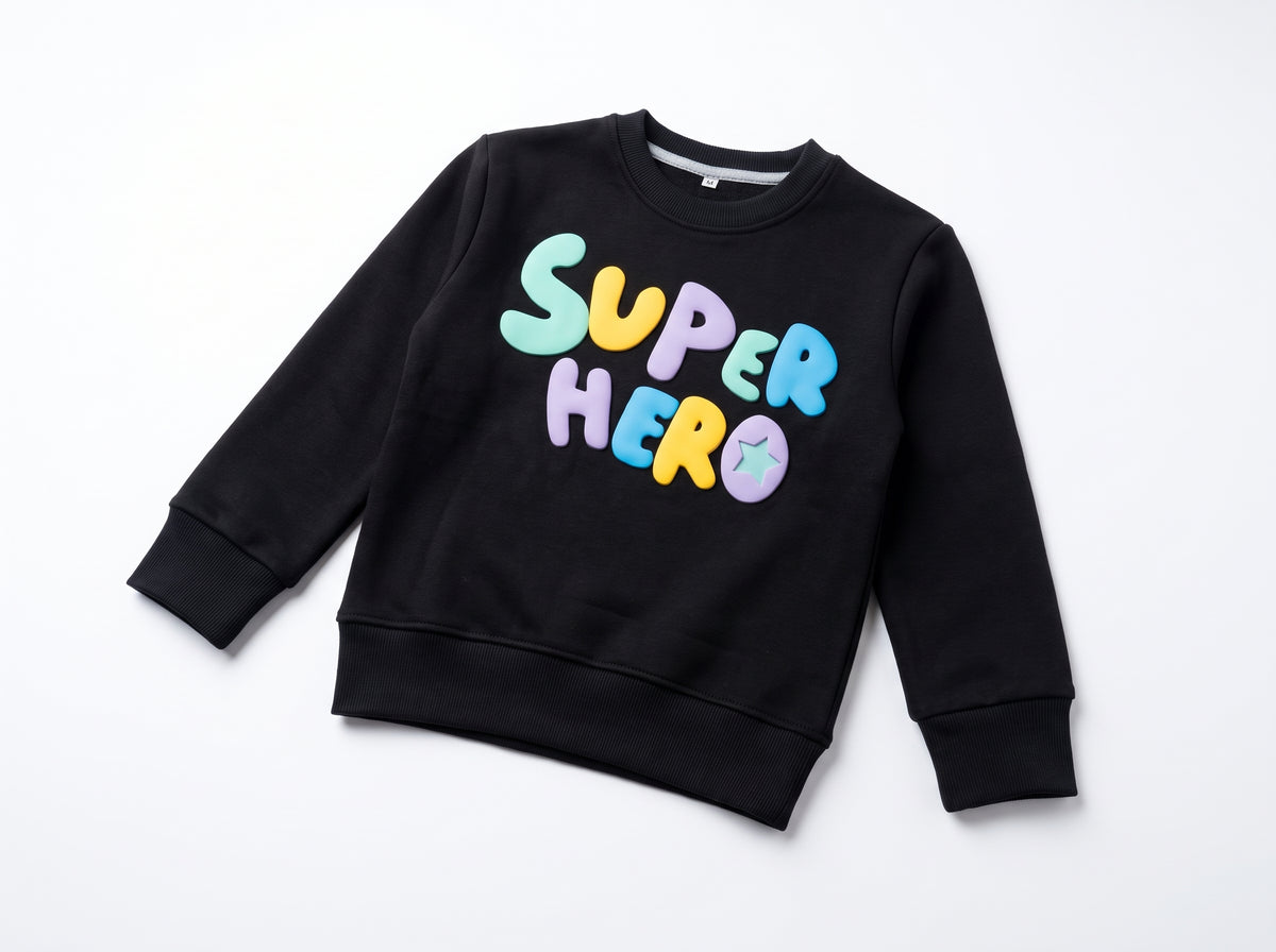 Boys Black Fleece-Lined Crewneck Sweatshirt with Colorful Super Hero Text