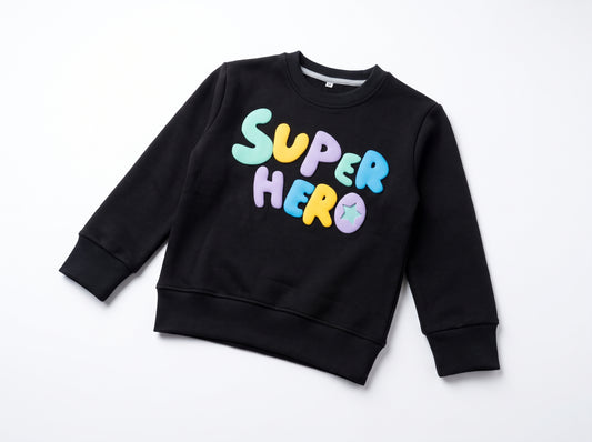 Boys Black Fleece-Lined Crewneck Sweatshirt with Colorful Super Hero Text