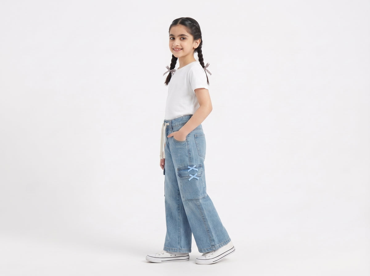 Trendy Girls' Wide-Leg Blue Denim Pants with Ribbon Bows