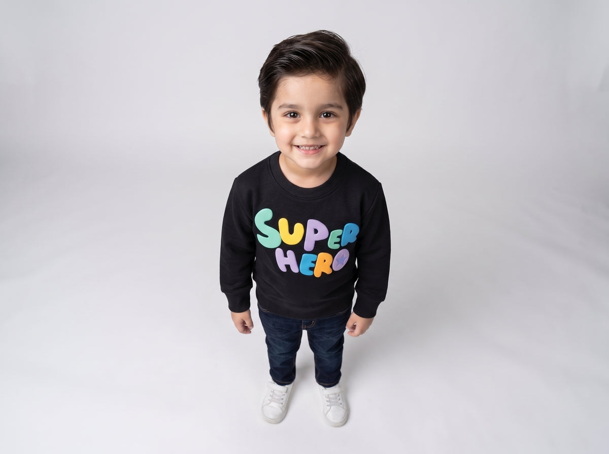 Boys Black Fleece-Lined Crewneck Sweatshirt with Colorful Super Hero Text