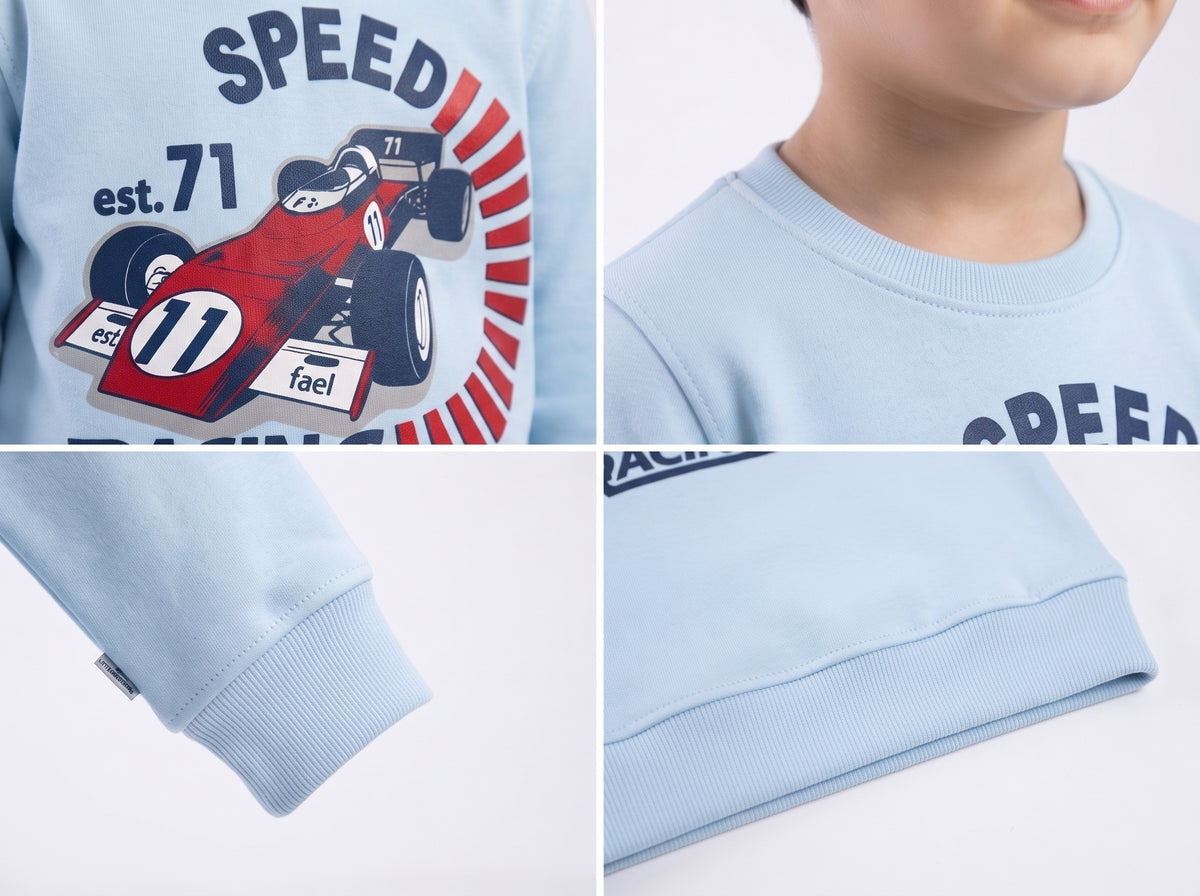 Boy Light Blue Race Car Crewneck – Long Sleeve Winter Graphic Sweatshirt
