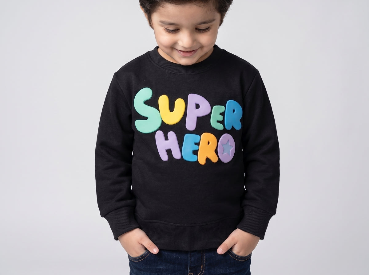 Boys Black Fleece-Lined Crewneck Sweatshirt with Colorful Super Hero Text