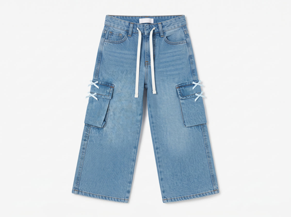 Trendy Girls' Wide-Leg Blue Denim Pants with Ribbon Bows