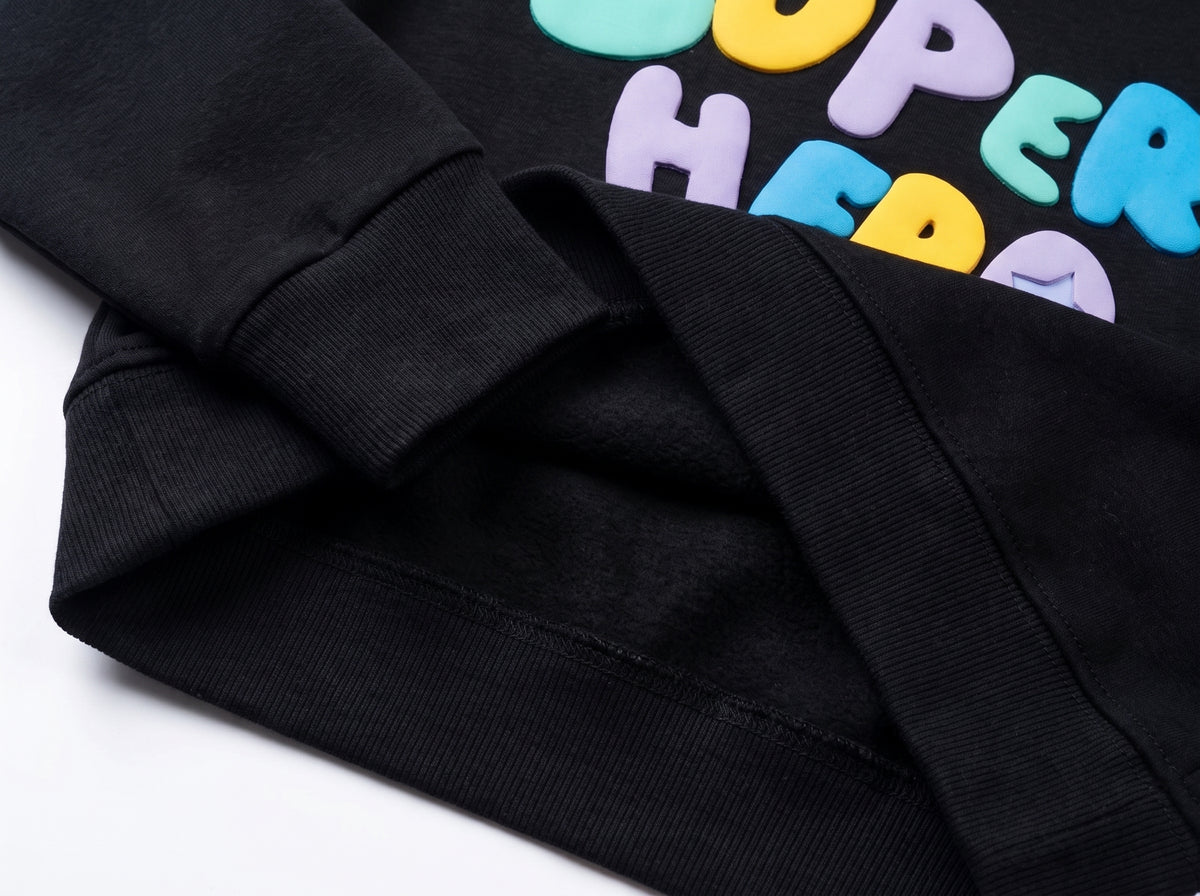 Boys Black Fleece-Lined Crewneck Sweatshirt with Colorful Super Hero Text