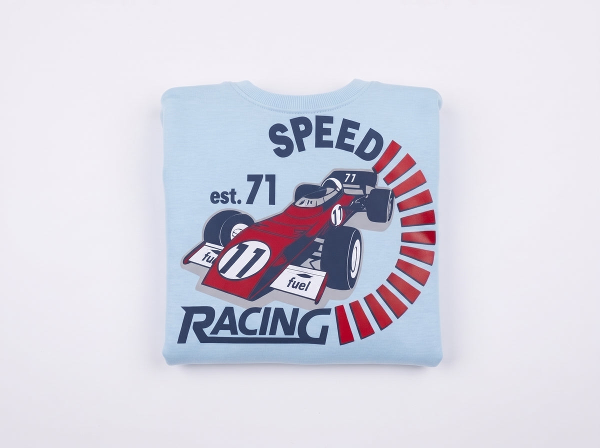 Boy Light Blue Race Car Crewneck – Long Sleeve Winter Graphic Sweatshirt