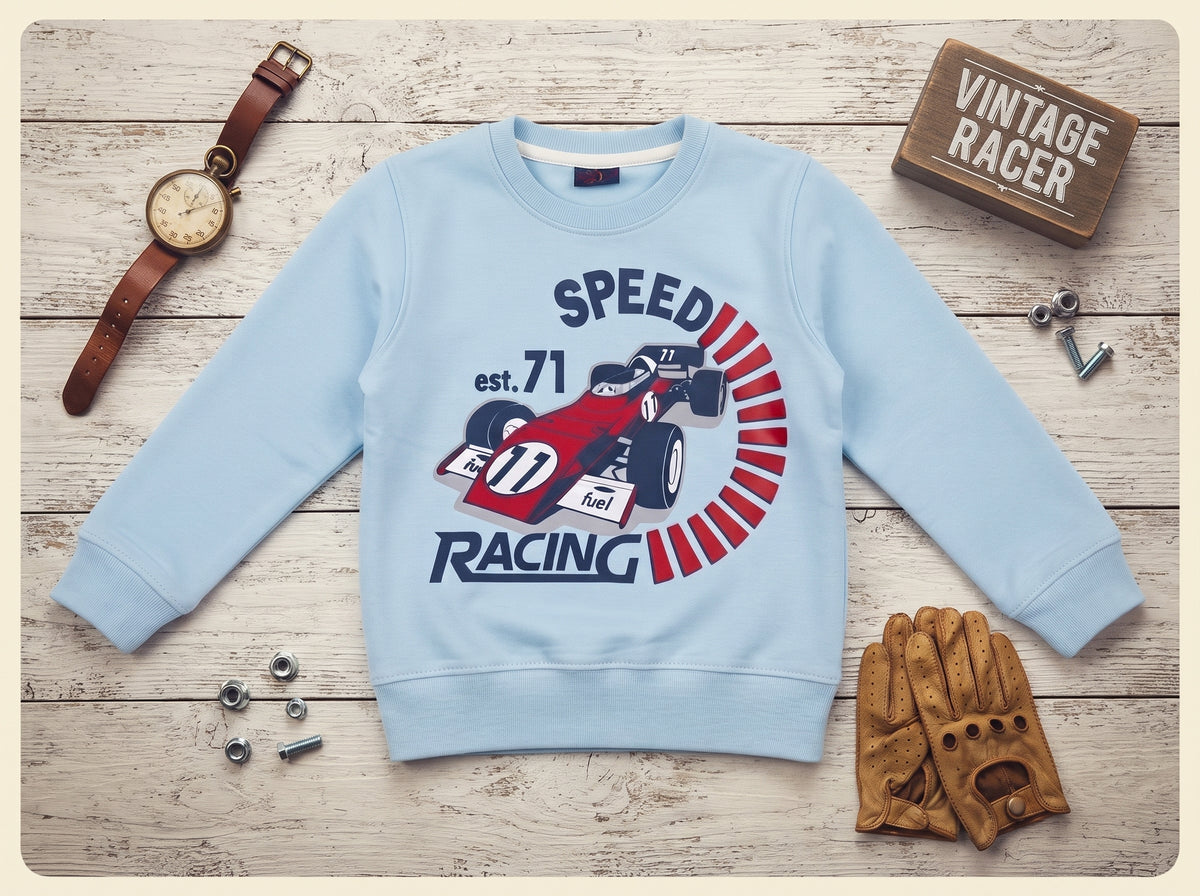 Boy Light Blue Race Car Crewneck – Long Sleeve Winter Graphic Sweatshirt