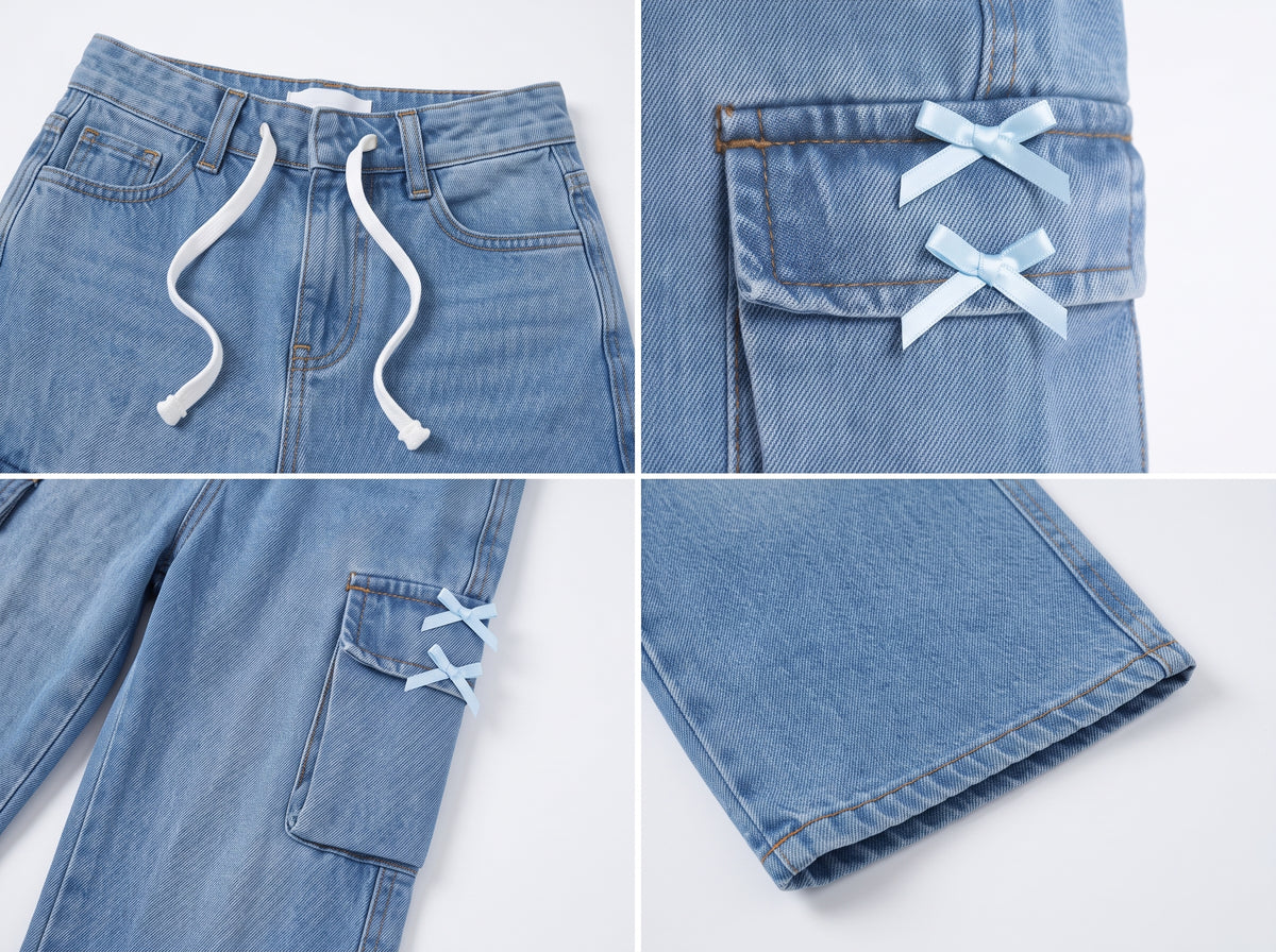 Trendy Girls' Wide-Leg Blue Denim Pants with Ribbon Bows